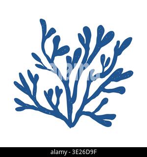 Silhouette von Algen, blaues Symbol. Abstrakte Form, Unterwasserpflanze. Korallenillustration im Skizzenstil isoliert auf weißem Hintergrund. Vektorabbildung. Stock Vektor