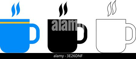 Drei Dampfbecher stehen für eine entspannende Kaffeepause oder ein morgendliches Teerritual. Das Set enthält einen blauen Becher mit gelbem Rand und eine solide schwarze Silhouette Stock Vektor