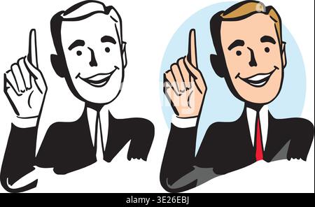 Ein Vintage-Retro-Cartoon eines Geschäftsmannes, der auf etwas Interessantes zeigt. Stock Vektor