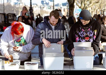 Leute, die auf Marktständen nach Platten und Büchern suchen, im Southbank Centre Book Market, Londom Stockfoto