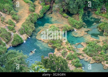 Semuc Champey, Guatemala - Luftlandschaft mit türkisfarbenen natürlichen Pools, die von einem sich windenden Fluss in üppigem tropischem Wald gespeist werden und Menschen beim Schwimmen und Trinken zeigen Stockfoto