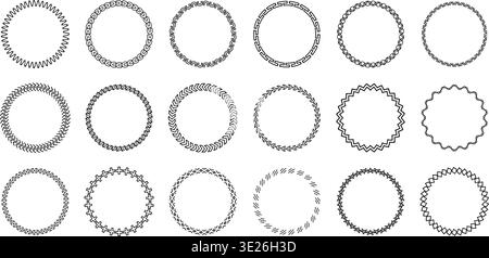 Dekoratives Set mit rundem Rahmen, geometrische Zierborten, schwarze Umrisskranz-Kollektion. Einladung, Logo, Etikett, Zertifikat, Hochzeit Stock Vektor