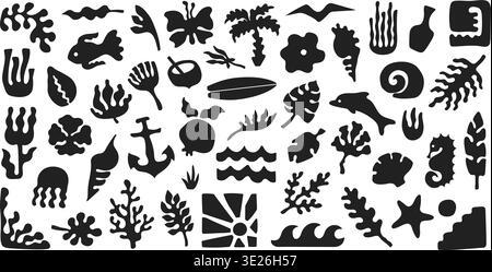 Tropische Ozeansymbole, abstrakte marineblaue Silhouetten, Boho-Sommer-Ikonen. Branding, Logo, Aufkleber, Verpackung, Surf-Shop, Beach Club, Einrichtung an der Küste Stock Vektor