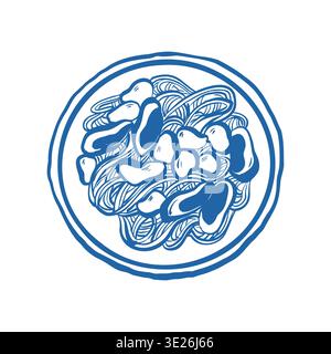 Pasta mit Muscheln und Austern auf einem Teller, Draufsicht, Vektor-Umrissillustration. Italienische Pasta mit Meeresfrüchten. Handgezeichnet im Doodle-Stil. Blaue Vektorgrafik auf weißem Hintergrund. Stock Vektor