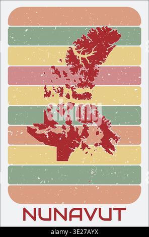 Nunavut, Kanada Vintage-Logo. Form der Provinz auf Retro-farbigem Streifenhintergrund. Nunavut, Kanada Kartendesign mit Grunge Scratch Textur. Stock Vektor