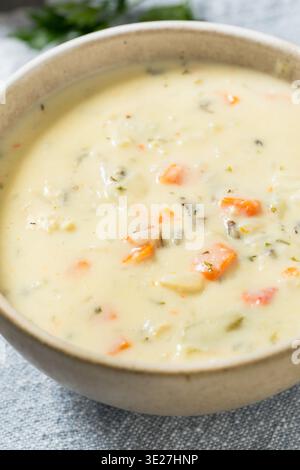 Warme gesunde hausgemachte Creme Hühnchen und Wildreissuppe in einer Schüssel Stockfoto