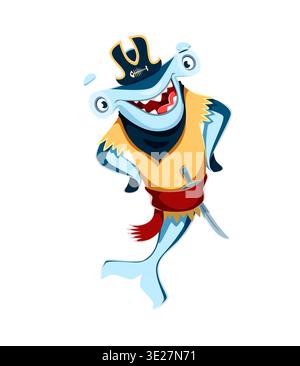 Cartoon Hammerhai Tier Piratenvektor Charakter in gelber Weste, roter Schärpe und schwarzem Tricorn Hut mit Schädel. Lustige lächelnde Korsair Hai Marine Raubtier Persönlichkeit trägt ein Cutlas an der Seite Stock Vektor