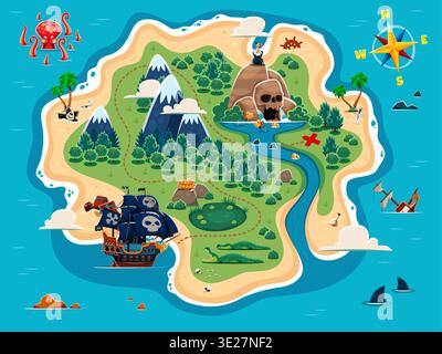 Karte der tropischen Karibik mit Piratenschätzen und Pfad zu ihnen, Vektorhintergrund. Piratenkarte von Meer oder Meeresinsel mit Korsair Schiff, Kraken und Haie auf dem Weg zum Schädelfelsen mit Schätzen Stock Vektor