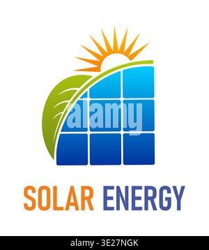 Sonnenenergie-Symbol mit orangefarbenen Sonnenstrahlen, Solarpaneelen und grünem Blatt. Vektor-Emblem symbolisiert erneuerbare Elektrizitätstechnologie, Sonnenlicht, Lichtleistung, Innovation und saubere, umweltfreundliche Umwelt Stock Vektor