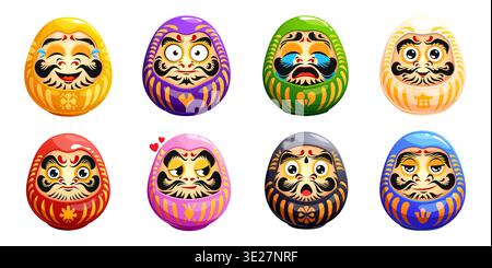 Lustige japanische Daruma-Puppen, traditionelle Kunst Japans, Vektormaskottchen des Glücks und Erfolgs. Runde Farbpuppen mit lustigen Gesichtern und Emotionen. Japanisches Daruma-Spielzeug, Bodhidharma-Wunschzauber-Set Stock Vektor