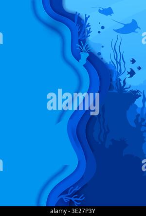 World Oceans Day Day Paper Cut Banner oder Poster. Weißes blaues Vektorbanner mit Tintenfischen, Stachelrochen, Seepferdchen, Fischen, Korallen, und Algen. Umweltfreundliches Banner für Veranstaltungen oder Umweltschutzprojekte Stock Vektor