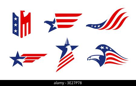 Amerikanische Adlersymbole mit US-Flagge, patriotische Symbole für Falkenvögel der vereinigten staaten. Abstrakte amerikanische Weißkopfadler Köpfe und Flügel Vektor Silhouetten mit US-Flagge Sterne und Streifen Muster Stock Vektor