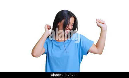 Glückliche Frau, die auf transparentem Hintergrund Erfolg feiert Stockfoto