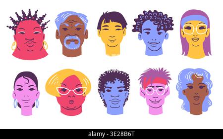Zeitgenössische Porträts. Karikaturisten bunte Köpfe, Charakteravatare, verschiedene Haarschnitte, weibliche und männliche Persönlichkeiten, verschiedene Frisuren und Stock Vektor