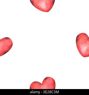 Handgemaltes nahtloses Aquarellmuster mit einfachen roten Herzen, isoliert auf weißem Hintergrund. Perfekt für Valentinsmodelle, romantische Hochzeitsbrände Stockfoto