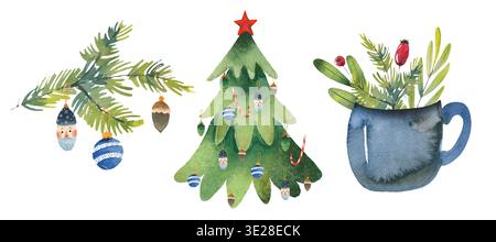 Eine Aquarellillustration eines Weihnachtsbaums Stockfoto