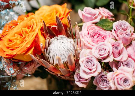Nahaufnahme von Protea Blume umgeben von Rosen und Baby Atem. Blumenarrangements zum Muttertag, Boutique-Blumenservice, luxuriöse Blumenverpackungen. Stockfoto