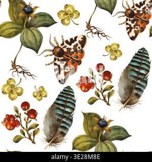 Aquarellillustration mit Pflanzen-, Beeren- und Mottenmuster. Handgemaltes Aquarell auf weißem Hintergrund. Stockfoto