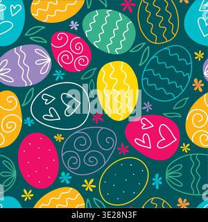 Heller, farbenfroher Osterdruck mit Eiern, Blumen und Blättern. Nahtloses Muster mit Frühlingsferien-Attributen. Silhouetten von bemalt, dekoriert Stock Vektor