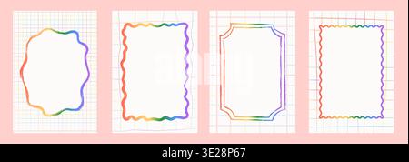 Set aus farbigem Regenbogenrahmen und Karten. Handgezeichnetes Retro-Raster und Verlaufsränder mit leerem weißen Kopierraum. Funky Ästhetik für Einladung Stock Vektor