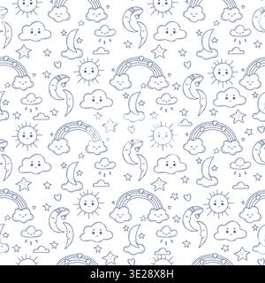 Niedliches Wetter Für Kinder – Nahtloses Doodle-Muster. Blue Line Art Happy Sun, Wolken, Regenbogen, Mond und Sterne auf weißem Hintergrund. Vektorquadratische Abbildung. H Stock Vektor