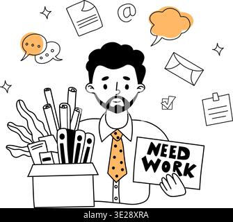 Arbeitsloser Mann, der eine Box mit Bürobedarf hält und Arbeitsschild nach der Entlassung benötigt. Umriss Doodle handgezeichnet. Vektorabbildung Stock Vektor