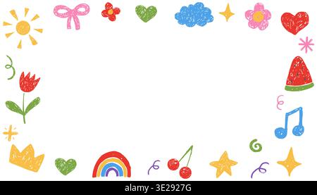 Kindergarten-Randbox für Rahmenkreide Pastellfarben und Kinderstift-Doodle. Kindliche Zeichnungen auf Papier, Schulkritzel. Kinder Grenzen mit Regenbogen, Wolken, Blumen, Sternen und Herz. Vektorabbildung Stock Vektor