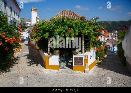Ein wunderschönes Hotel mit hängenden Pflanzen und Blumen in einem typisch portugiesischen historischen Gebäude innerhalb der Stadtmauern in Obidos, Portugal Stockfoto