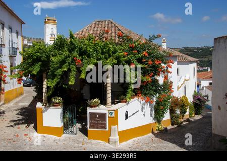 Ein wunderschönes Hotel mit hängenden Pflanzen und Blumen in einem typisch portugiesischen historischen Gebäude innerhalb der Stadtmauern in Obidos, Portugal Stockfoto