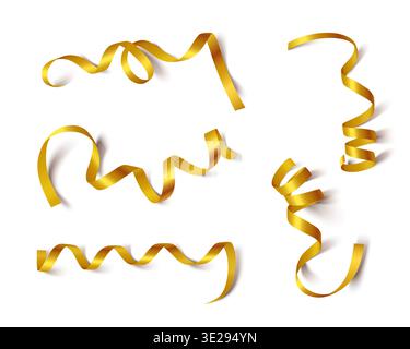 Goldene Satinbänder mit Metallic-Glanz isoliert auf weißem Hintergrund - gewellte und verdrehte Bänder für Geschenkverpackungen, Festdekorationen oder festliches Design. Wellige Bandelemente aus Seide in Hochglanzgold. Stock Vektor