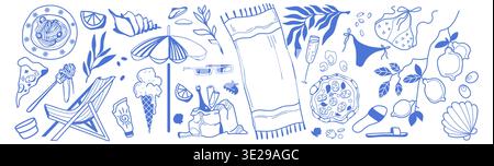 Italienische Sommerstrandgerichte und traditionelle Speisen. Vektor-Illustration der blauen Hand gezeichneten Doodle Pizza, Pasta, Eis, Weingläser und Zitronen, Badesachen, Handtuch und Regenschirm für Urlaubsreisen Stock Vektor