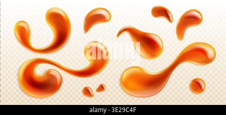 Karamellsirup-Tropfset isoliert auf transparentem Hintergrund. Vektor realistische Illustration von süßen flüssigen Toffee Spritzer, Erdnussbutter oder Ahornsauce Flecken, 3D Süßigkeitentropfen, Honig Topping für Dessert Stock Vektor