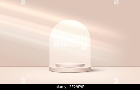 3D-Raumbogenpodium für Präsentationen, beige Wandstudio-Hintergrund, helles beigefarbenes Rundbühnenmockup mit Schatten und hellen Highlights Stock Vektor