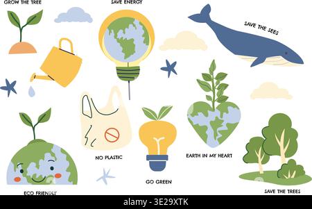 Set umweltfreundlicher Aufkleber mit Ikonen auf dem Planeten Erde sowie Energie-, Wasser-, Wald-, Ozean- und Waldelementen. Trendige, minimalistische Öko-Elemente für Poster Stock Vektor