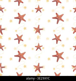 Nahtloses Muster mit rotem Seestern und kleinen goldenen Glitzern. Handgezeichnete Aquarellzeichnung Illustration mit Elementen des Meeres. Ideal für Textil-Tapeten Verpackungspapier. Stockfoto