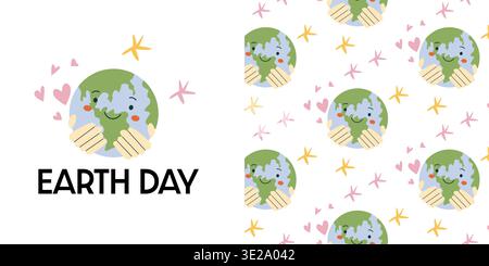 Erdtag-Muster mit süßem Cartoon-Planeten in den Händen. Einfaches minimalistisches Design für ökologische Feiertage, T-Shirth-Designs, Cover, Banner. Stock Vektor