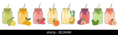 Smoothie-Getränkeset mit Beeren, Obst und Gemüse. Zeichentrick-Kritzelvektor-Illustration isoliert auf weiß. Milch und Saft Cocktail Sommer gesund dri Stock Vektor
