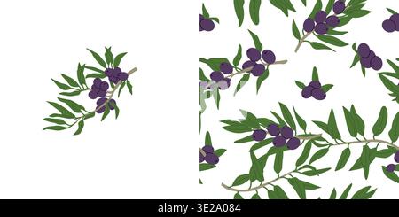 Handgezeichnetes botanisches Muster mit schwarzen Oliven und Olivenzweig. Zeichentrickgrafik isoliert. Stock Vektor