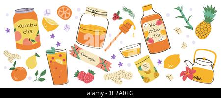 Comic Kombucha Drink Aufkleber Set. Fermentierter Tee mit Hibiskus, Honig und Ingwer sowie Aromen von Ananas, Orange, Zitrone und Rohrzucker. Gesunder probiotischer Getränkekritzelvektor isoliert auf weiß. Stock Vektor