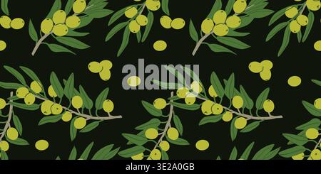 Botanisches Sommermuster mit grünen Oliven. Olivenzweig und grüne Früchte auf schwarzem Hintergrund. Handgezeichnete Vektorgrafik. Stock Vektor