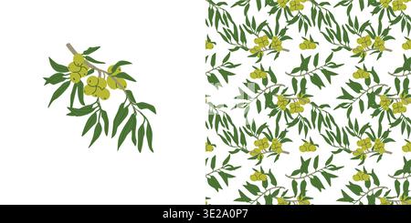 Grüner Olivenzweig mit nahtloser Textur. Sommerdesign von Pflanzenteilen und Blättern, Früchten. Grüne Oliven-mediterrane Muster für Textil-, Verpackungs- und Lebensmittelhintergründe. Stock Vektor