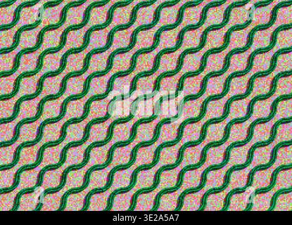 3D-Rendering eines geometrischen Musters mit kreisförmigen Kurven über dem Hintergrund eines farbenfrohen Mosaikgitters Stockfoto