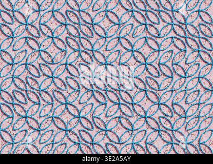 3D-Rendering eines sich wiederholenden geometrischen Gitters aus ineinander greifenden blauen Kreisbögen, die auf der Oberfläche Blütenblätter bilden. Stockfoto