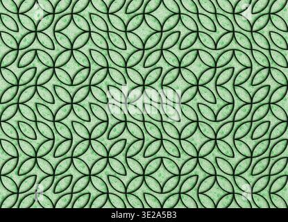 3D-Rendering eines nahtlosen geometrischen Musters aus sich schneidenden Kreisbögen, die Blütenblätter erzeugen. Stockfoto