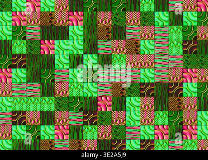 3D-Rendering eines lebendigen Patchwork-Musters aus kleinen quadratischen Fliesen mit einzigartigen organischen und geometrischen Texturen. Stockfoto