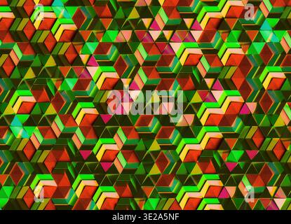 3D-Rendering eines komplexen abstrakten Musters, das durch wiederholte dreieckige Einheiten gebildet wird, die in einem Raster angeordnet sind. Stockfoto