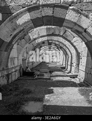 Monochrome perspektivische Ansicht von sich wiederholenden antiken römischen Steinbögen und Säulen in der Agora von Smyrna, Izmir, Türkei. Stockfoto
