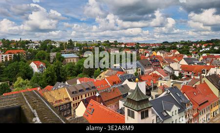 Stadtbild von Döbeln in Sachsen: Panoramablick vom Rathausturm über historische Dächer, Wohnhäuser und die sächsische Landschaft Stockfoto