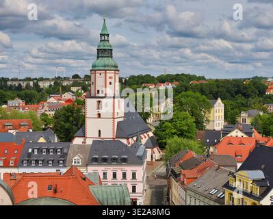 Stadtbild von Döbeln in Sachsen: Panoramablick vom Rathausturm über historische Dächer, Wohnhäuser und die sächsische Landschaft Stockfoto
