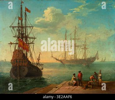 Historische Meeresmalerei mit zwei Segelschiffen, die in der Nähe eines Hafens vor Anker liegen, mit Figuren, die entlang des Docks im Vordergrund arbeiten, in warmem Licht und atmosphärischen Tönen dargestellt, die charakteristisch für die maritime Kunst des 18. Jahrhunderts sind und Handel, Erkundung und Küstenleben betonen. Stockfoto